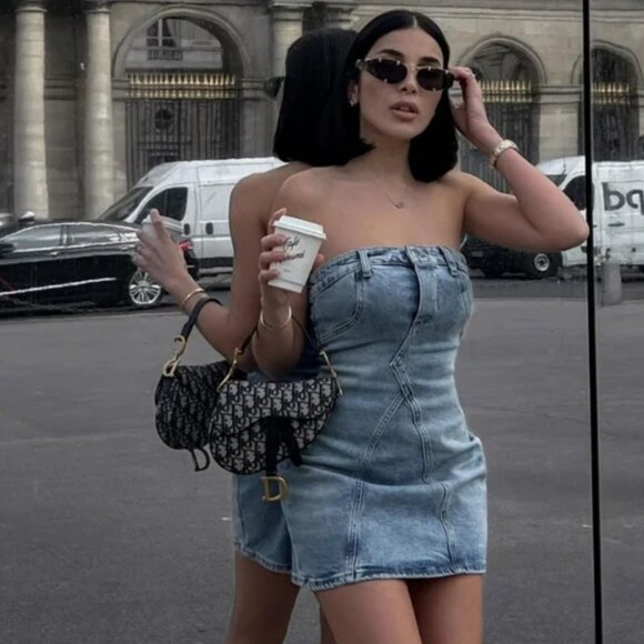 Zara Denim Strapless Mini Dress Washed Blue Size Small Bloggers Fav - Picture 1 of 8